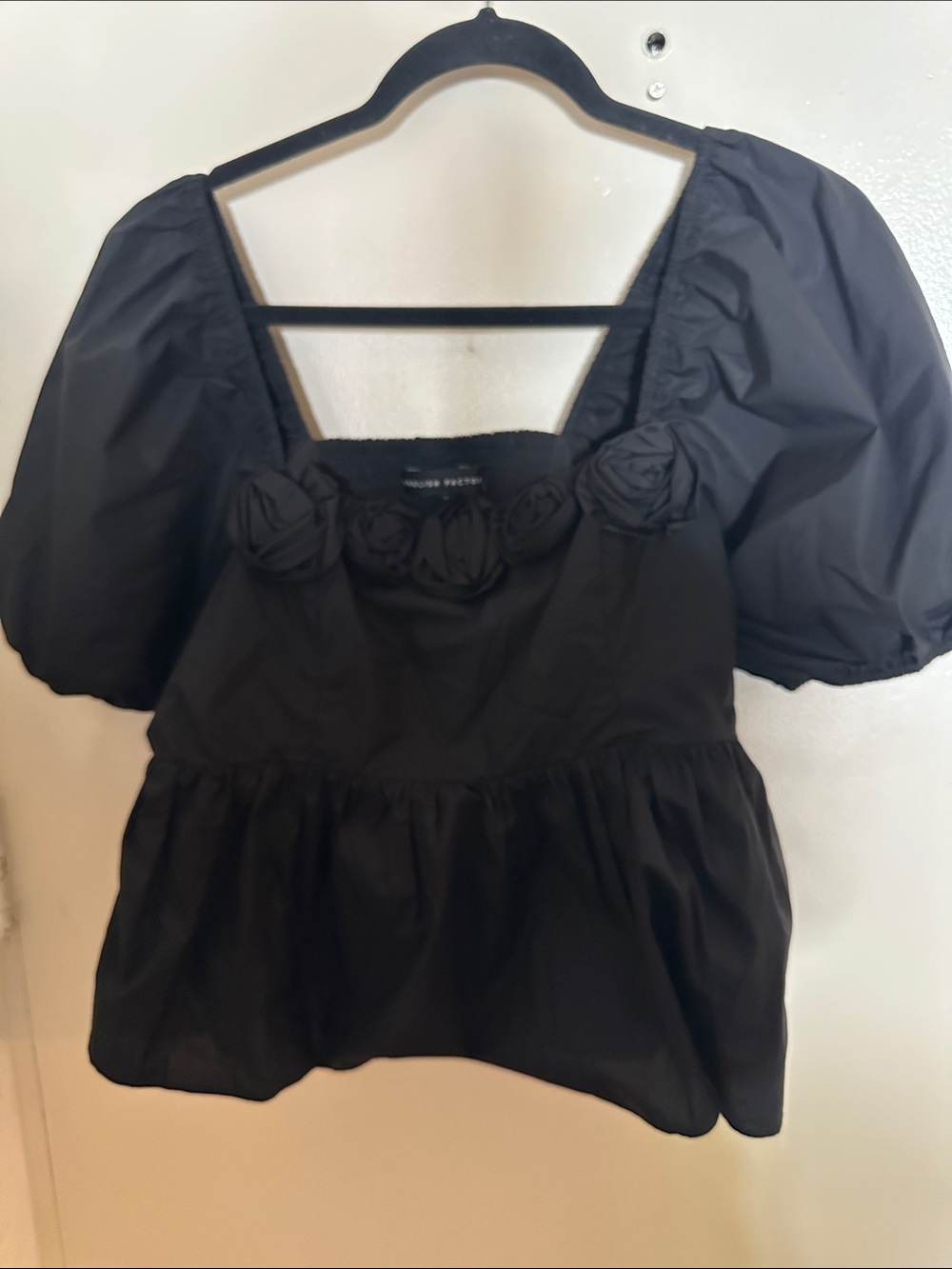 English Factory Black Smocked Ruffle Puff Sleeve Square Neck Blouse Women's L